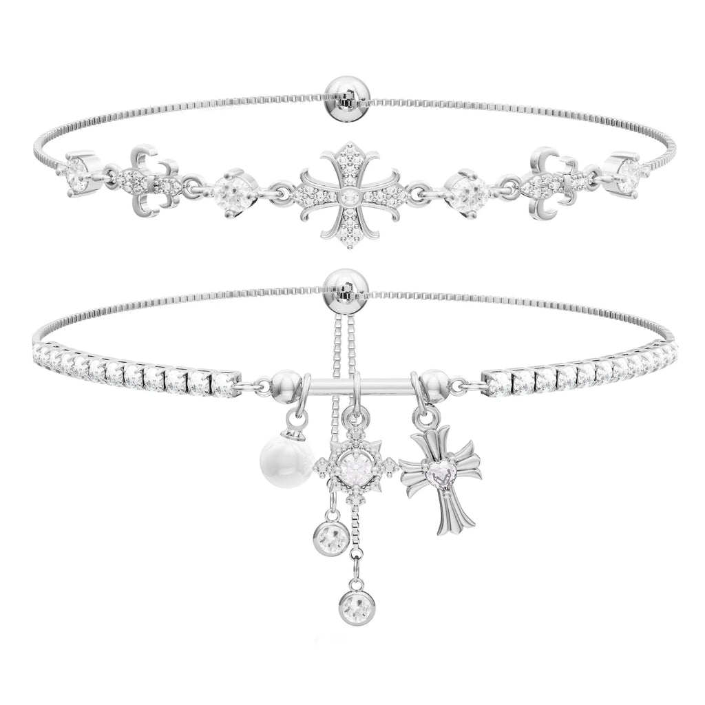 GANIA Double Layered Snowflake Cross Bracelet – Adjustable Layered Design for Women, Christian Symbol Jewelry, Gift for Valentine's Day, Wedding, Birthday, Anniversary, Daily Wear, Gift for Girlfriend, Wife, Mom