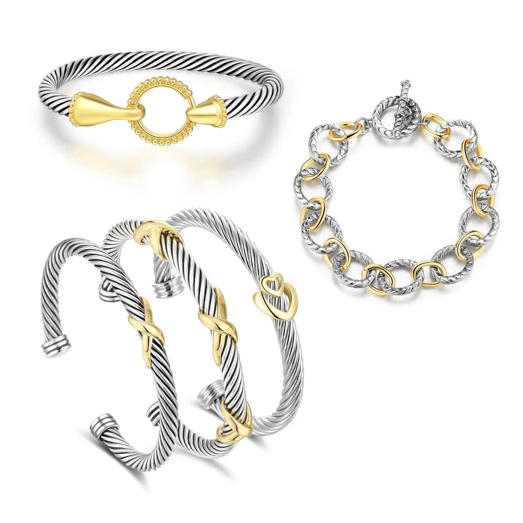 Aprilery 5PCS Stackable Twisted Cable Bracelet Set – Adjustable Two-Tone Cuff & Chain Link Design Jewelry Perfect Mother's Day Gift