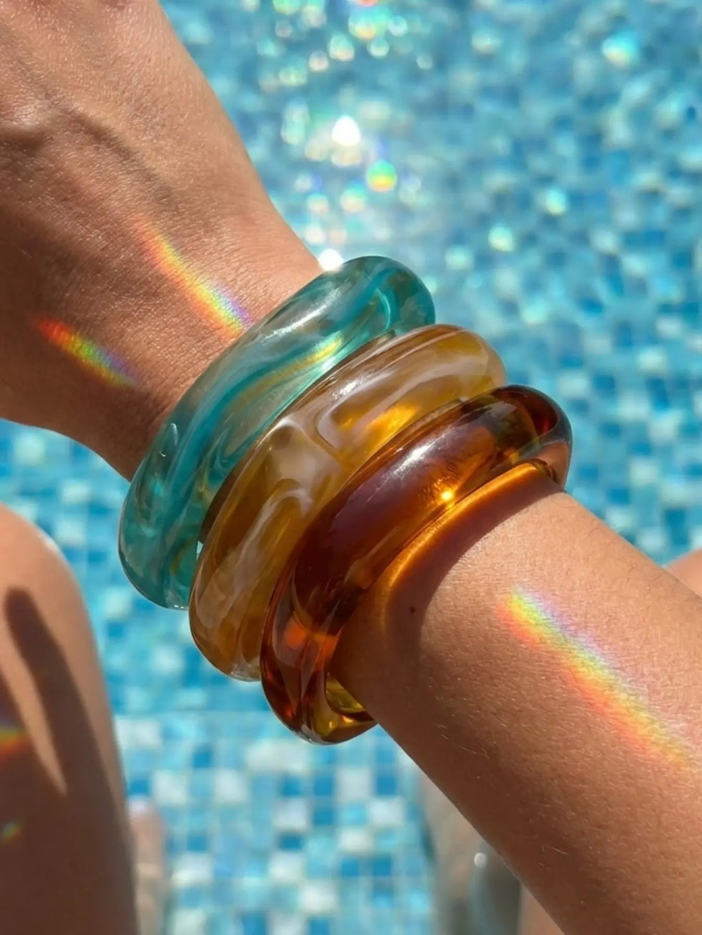 3 Piece Set Irregular Gradient Resin Bracelets, New Chinese Style Cool Wind, Cream /lake /caramel, Wide Band, Stackable Wrist Cuffs, Layered Bracelet Set, Bracelet Combination Set