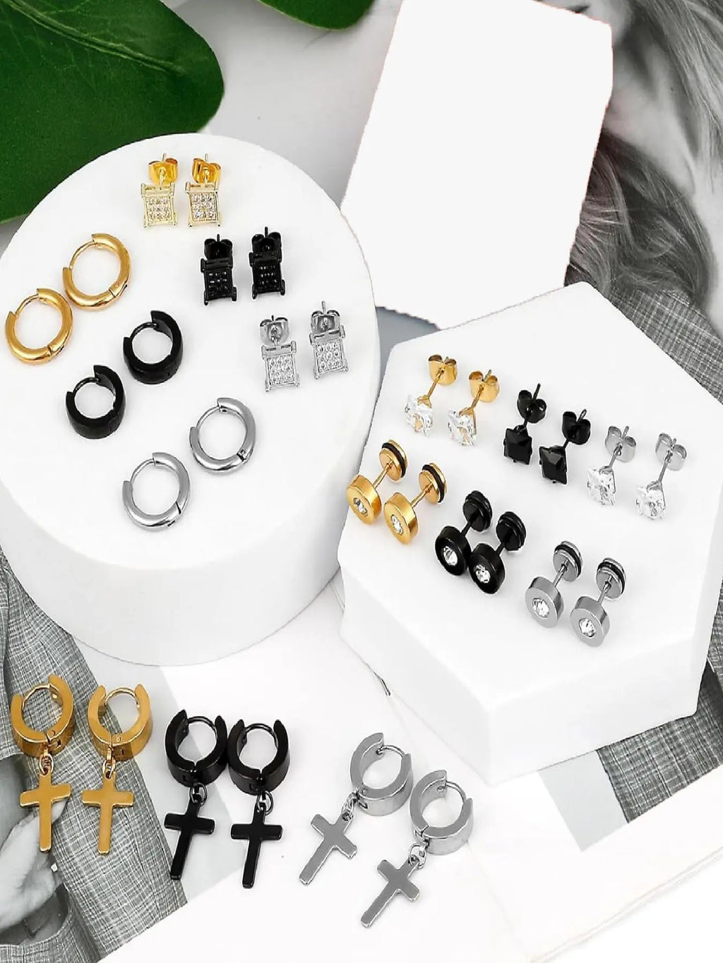 Rhinestone Earring Stacking Set for Women & Men, Punk Cross Dangle, Hoop & Stud Styles, Sparkling Multi-Piece Ear Jewelry Set