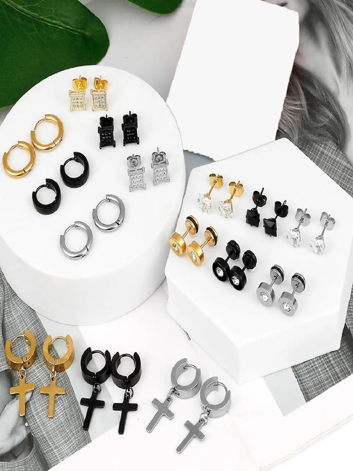 Rhinestone Earring Stacking Set for Women & Men, Punk Cross Dangle, Hoop & Stud Styles, Sparkling Multi-Piece Ear Jewelry Set