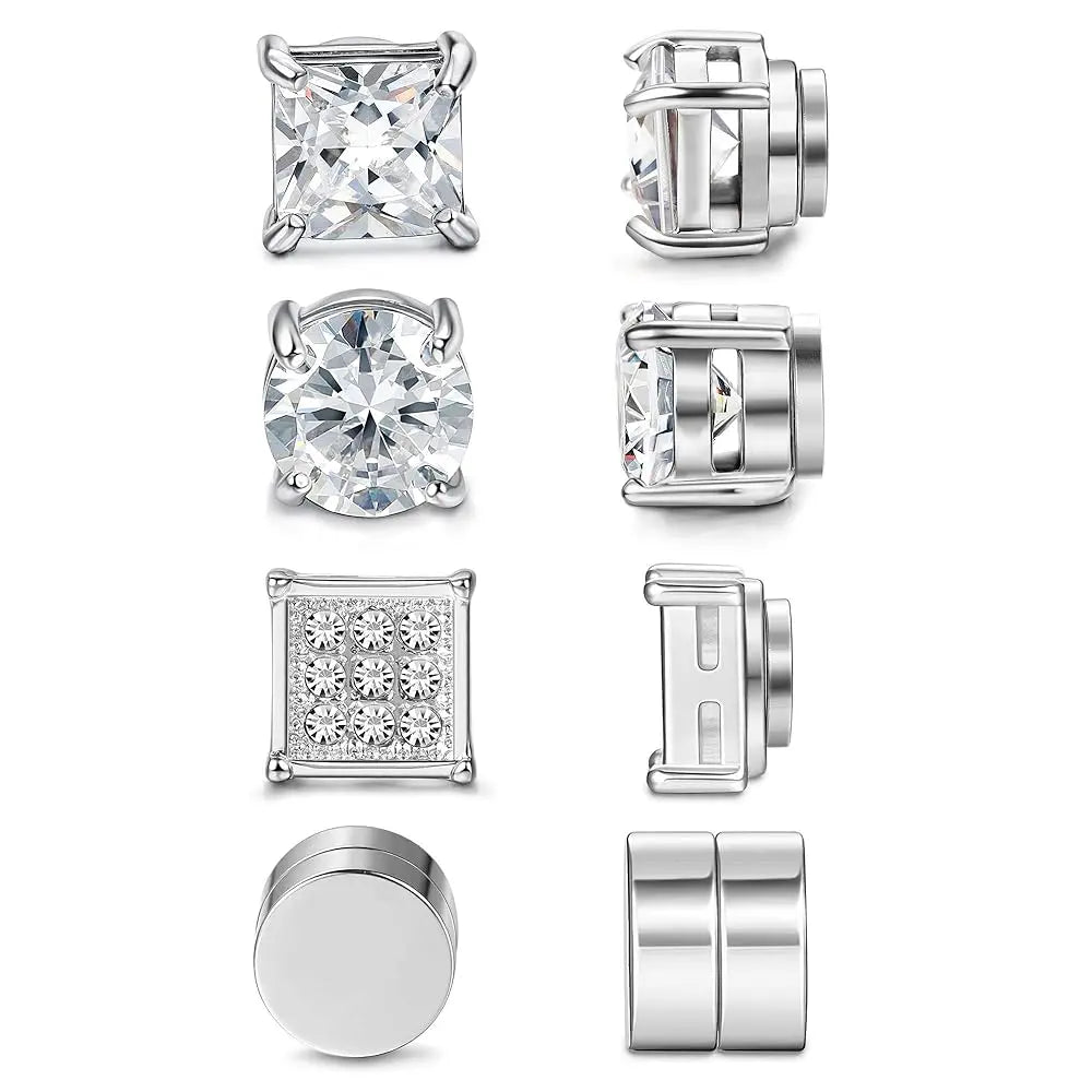FIBO STEEL 6 Pairs Magnetic Stud Earrings for Men Women Stainless Steel CZ Unisex Magnet Earrings Set Hypoallergenic Non Piercing Clip On Earrings Fake Earrings Jewelry Silver Gold Black 5 8MM Spring Statements