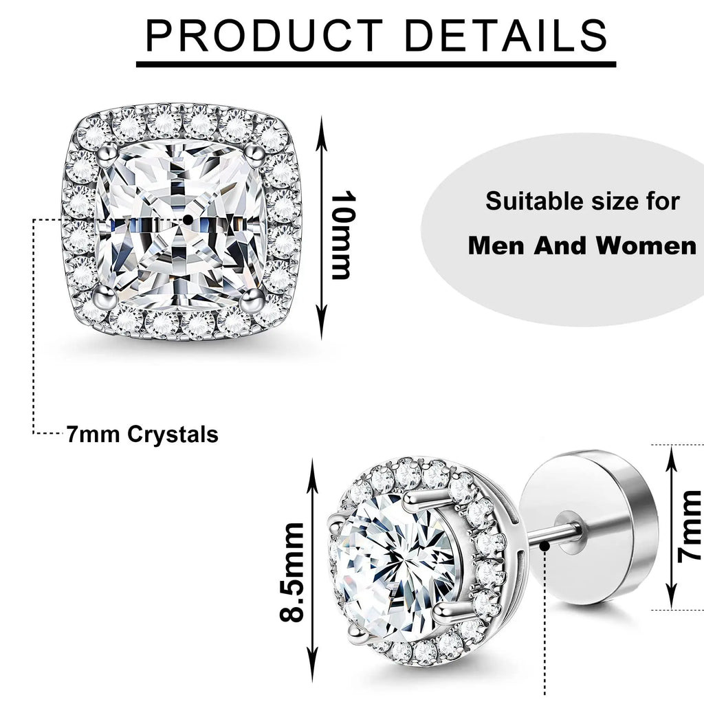 FASACCO Unisex 7mm Flat Back Cubic Zirconia Stud Earrings - Geometric Round/Square, Nickel-Free Metal, AAA+ CZ Shine, Durable Costume Jewelry, Fashion Studs, Men's Earrings for Daily Wear sohochic