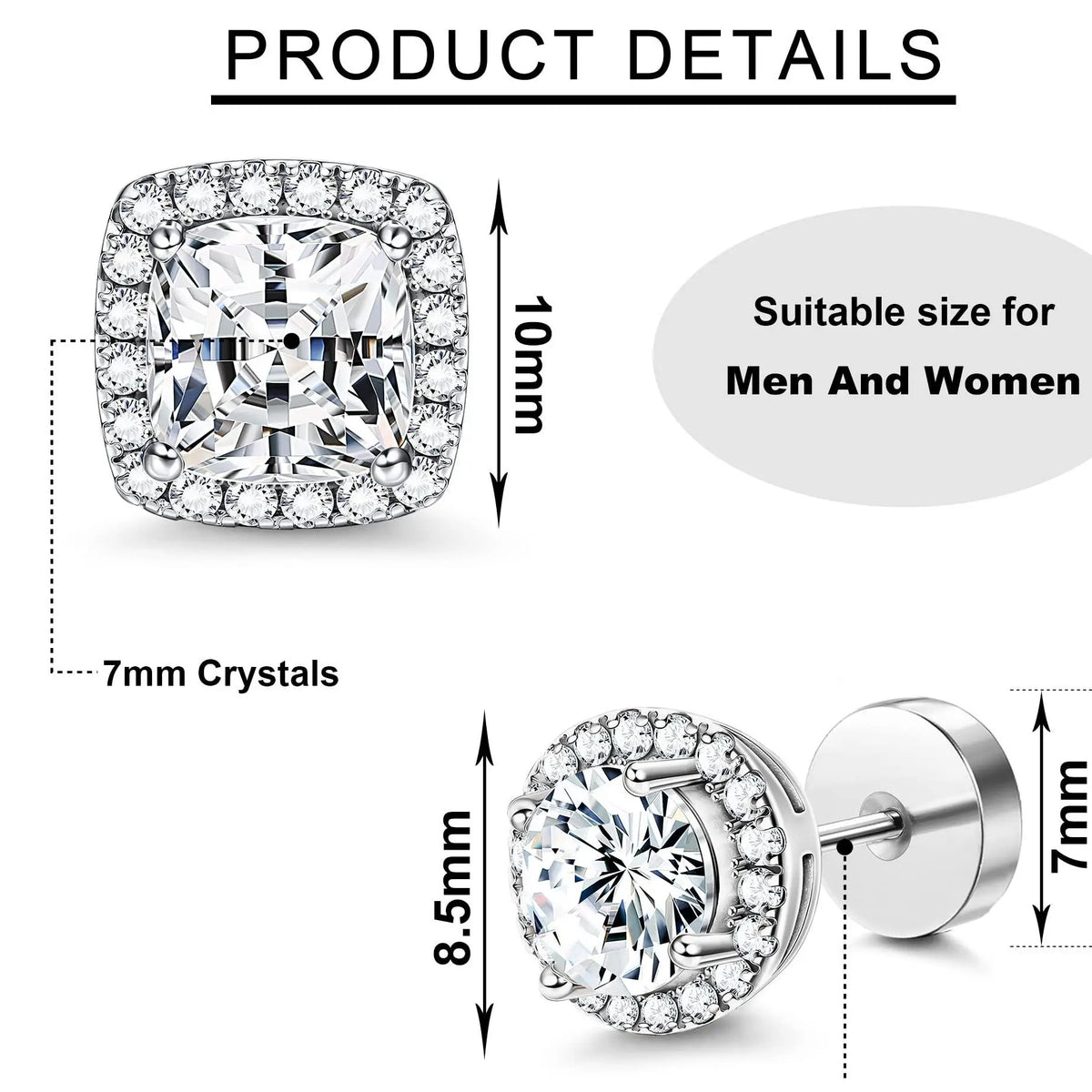 FASACCO Unisex 7mm Flat Back Cubic Zirconia Stud Earrings - Geometric Round/Square, Nickel-Free Metal, AAA+ CZ Shine, Durable Costume Jewelry, Fashion Studs, Men's Earrings for Daily Wear sohochic