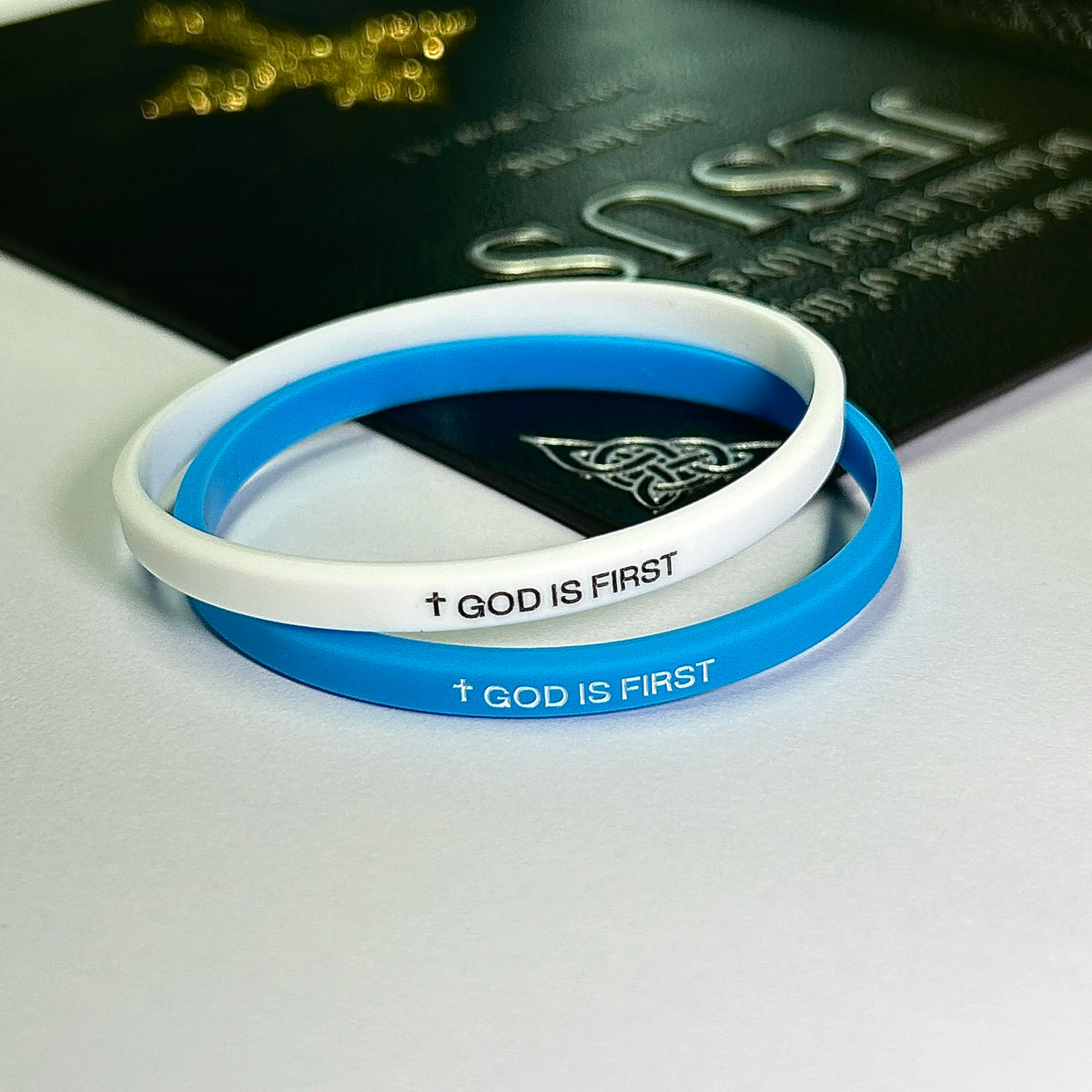 EWOPT 4 Pack Christian Silicone Bracelets - "God Is First I'm Second" Simple Engraved Logo Style, Interchangeable Black & White Bands, Mix & Match Scripture Wristbands, Faith Statement Bracelets & Bangles Gift Set for Men, Women Teens
