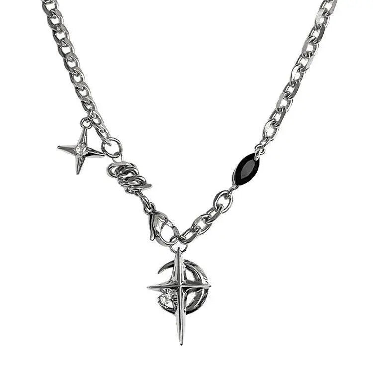 Men's Non-Tarnish Stainless Steel Mid Chest Black Star Pendant Clavicle Chain - Non Tarnish Jewelry, Casual Style Necklaces, Street Style Accessory, Gift Box Included, Unique Gifts for Man