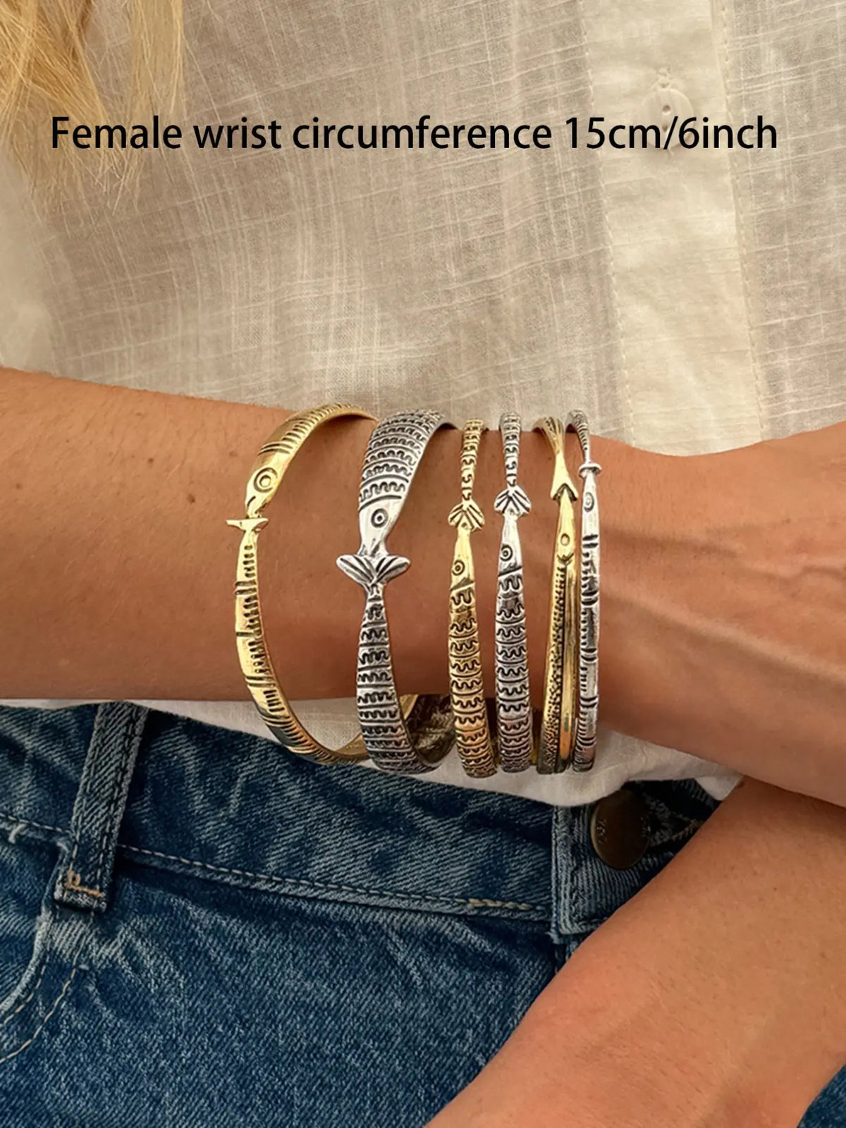 Vintage Ocean Fish Bracelet Set, 6-Piece Layered Tropical Fish Pattern Bangles, Design Retro Stackable Hand Jewelry, Stackable Bracelets