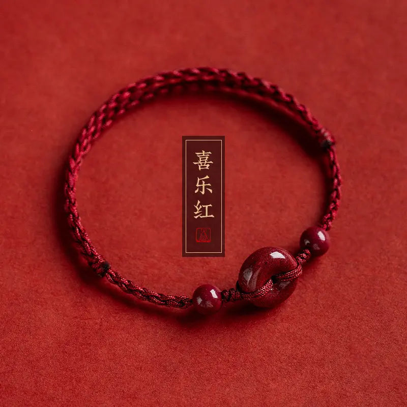 Unisex Cinnabar Hand-Woven Rope Bracelet with Peace-Health Buckle - One Size Fits, Men's Accessories, Ethnic Costume Jewelry, Birth Year Accessory, Stackable Piece, Daily Wear, Symbolizes Peace and Health, Meaningful Gift