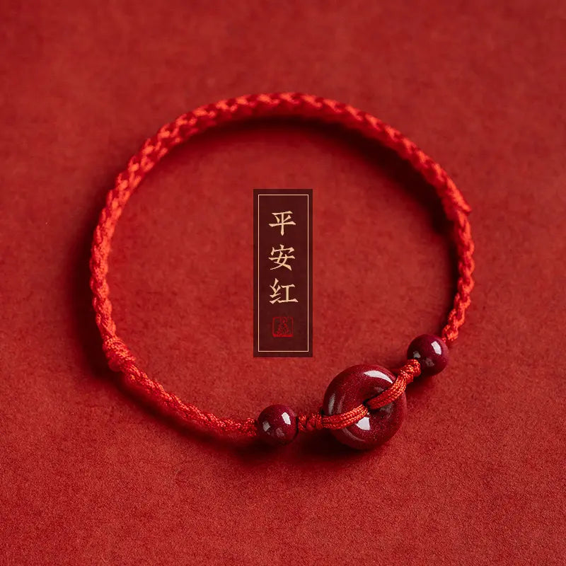 Unisex Cinnabar Hand-Woven Rope Bracelet with Peace-Health Buckle - One Size Fits, Men's Accessories, Ethnic Costume Jewelry, Birth Year Accessory, Stackable Piece, Daily Wear, Symbolizes Peace and Health, Meaningful Gift