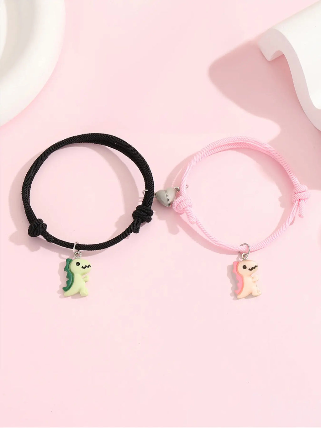 2 Pcs Glow-In-Dark Heart Dinosaur Pendant Couple Matching Bracelet, Cute Handmade Braided Wristband, Valentine's Day Gift, Anniversary Present, Jewelry, Bracelet for Couples