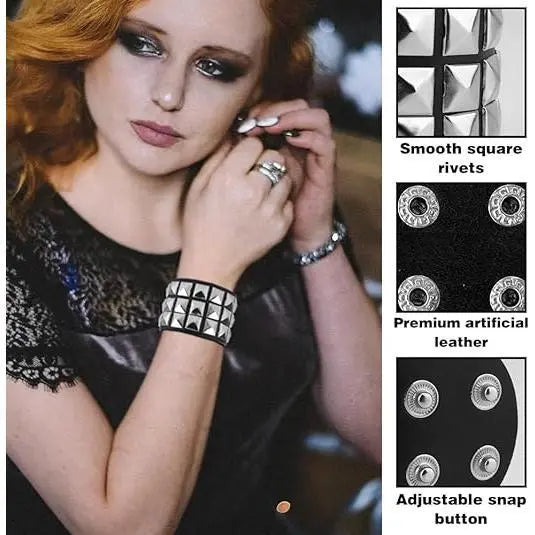 3-Pack Rivet Leather Studded Cuff Bracelets - 80s Punk Vibe Double Layered Adjustable Slider Jewelry, Bracelet Stack, Bangles, Easy Party Gift Choice for Men, Festive & Party Supplies Accessories