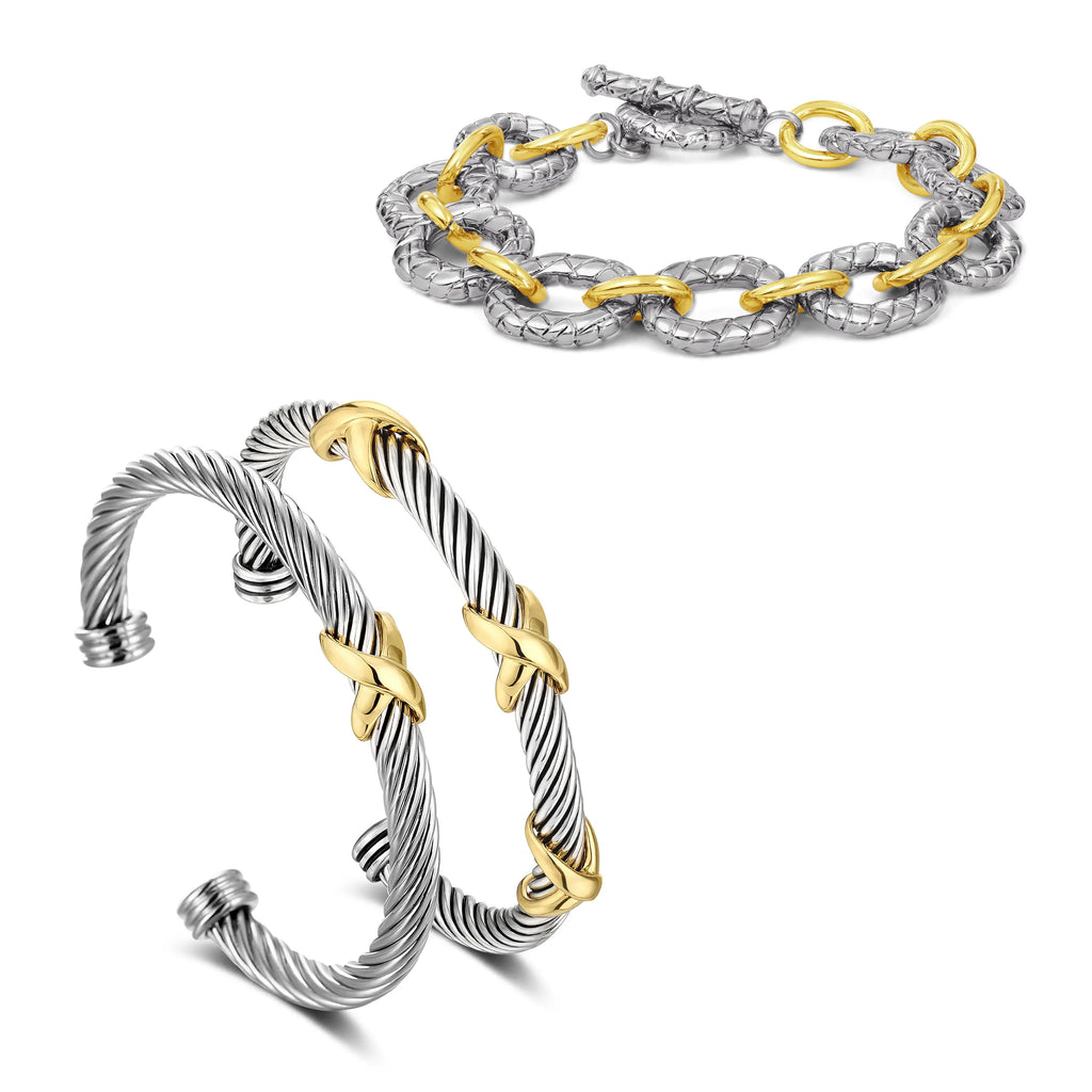 Aprilery 5PCS Stackable Twisted Cable Bracelet Set – Adjustable Two-Tone Cuff & Chain Link Design Jewelry Perfect Mother's Day Gift