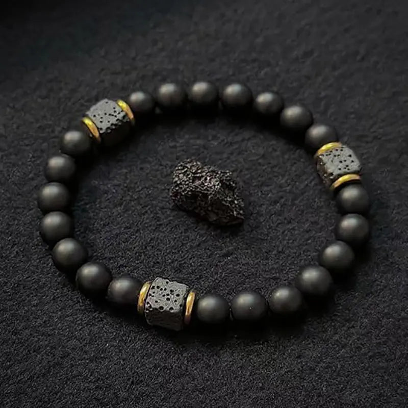 1Pcs Elastic Adjustable Mens Bracelet - 8mm Black Onyx & Lava Stone Beads Bracelets Jewelry  for Men, Beads Charm Bracelet with Elastic Cord, Birthday  for Him Dad Husband gift accessory