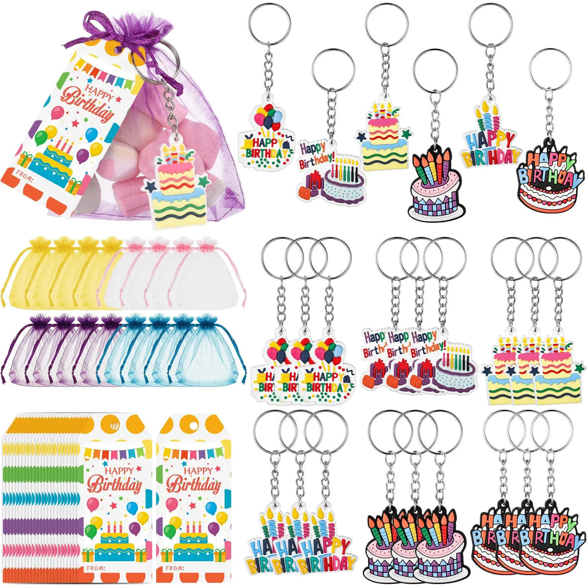 Gejoy 24 Set Packing-Free Birthday Gift Bags Sets Classroom Birthday Party Favors for Students Bulk Birthday Gifts for Whole Class Keychain Gift Set with Tags Organza Bags 4th of July Gifts Idea Classroom Reward Gifts Idea School Party Goodie Bag Stuffers