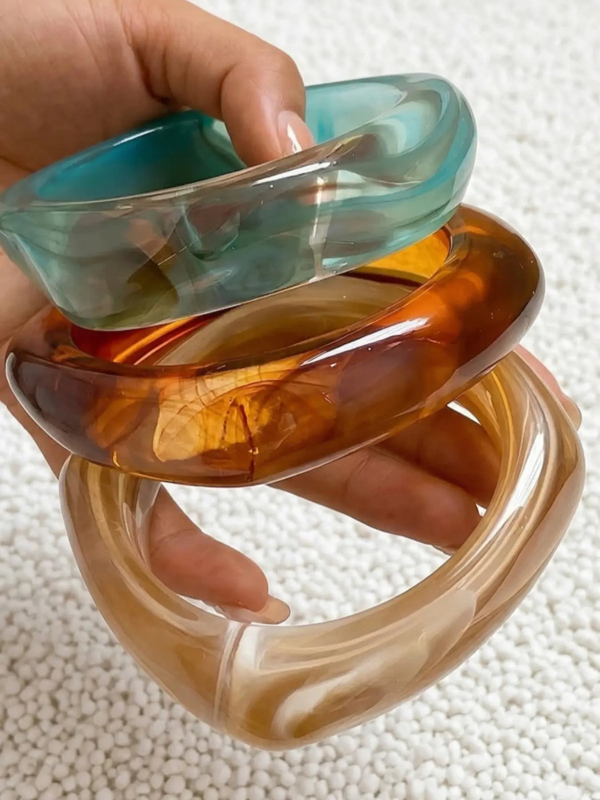 3 Piece Set Irregular Gradient Resin Bracelets, New Chinese Style Cool Wind, Cream /lake /caramel, Wide Band, Stackable Wrist Cuffs, Layered Bracelet Set, Bracelet Combination Set
