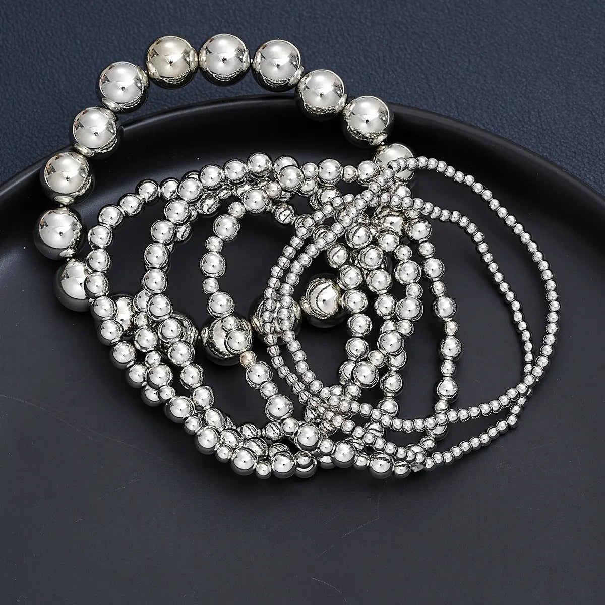 7Pcs Elegant Beaded Bracelet Set for Women Stackable CCB Silvery Beads Elastic Bangle Multi-layer Bohemian Mixed Sizes Vintage Round Bead Bracelet Set