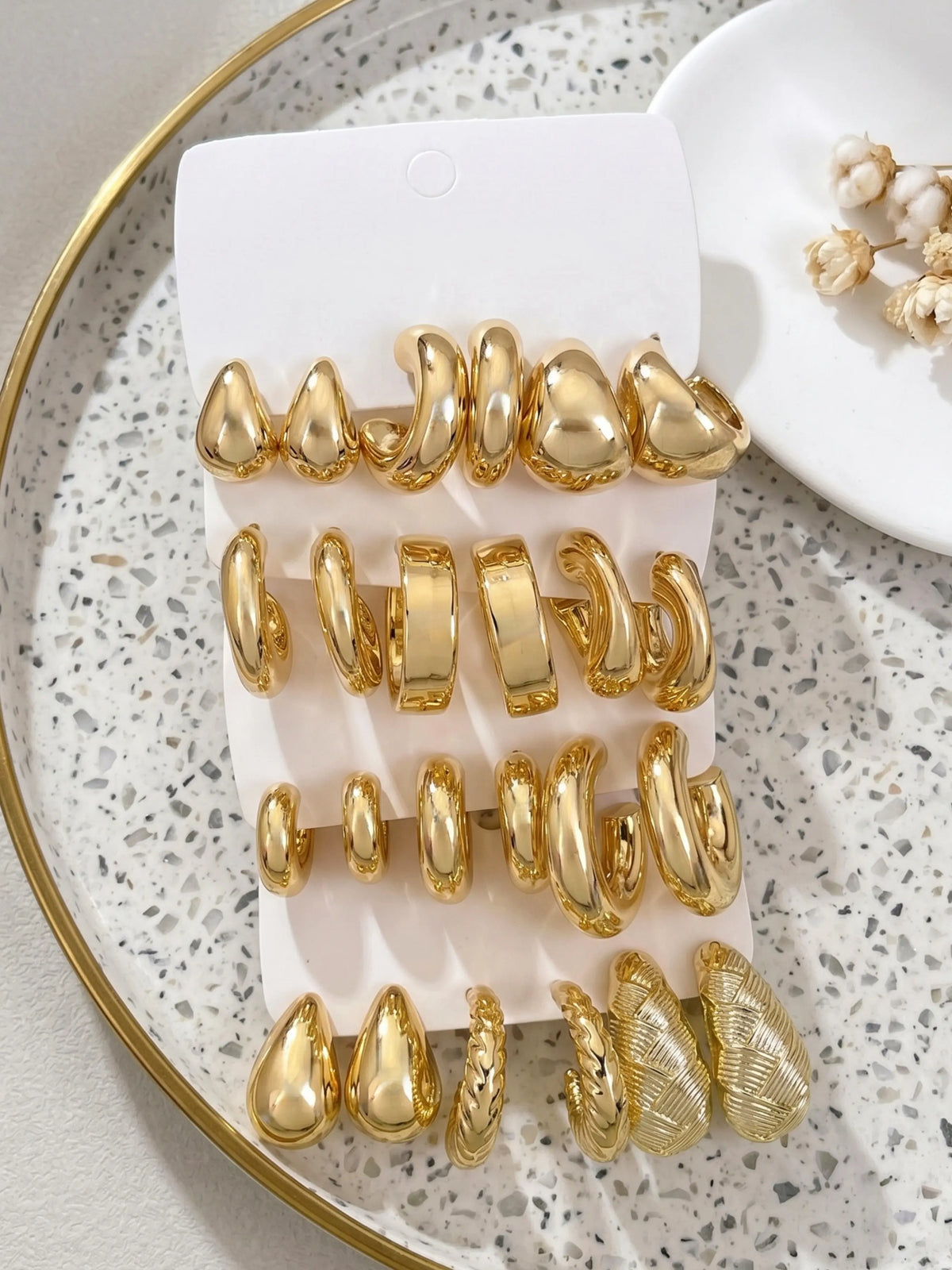 24PCS Gold CCB Open Textured Hoop Earrings Set, Multi Styles Teardrop Twist Vertical Texture C Shaped Ear Hoops, Minimalist Luxury Trendy Daily Fashion Ear Jewelry for Women