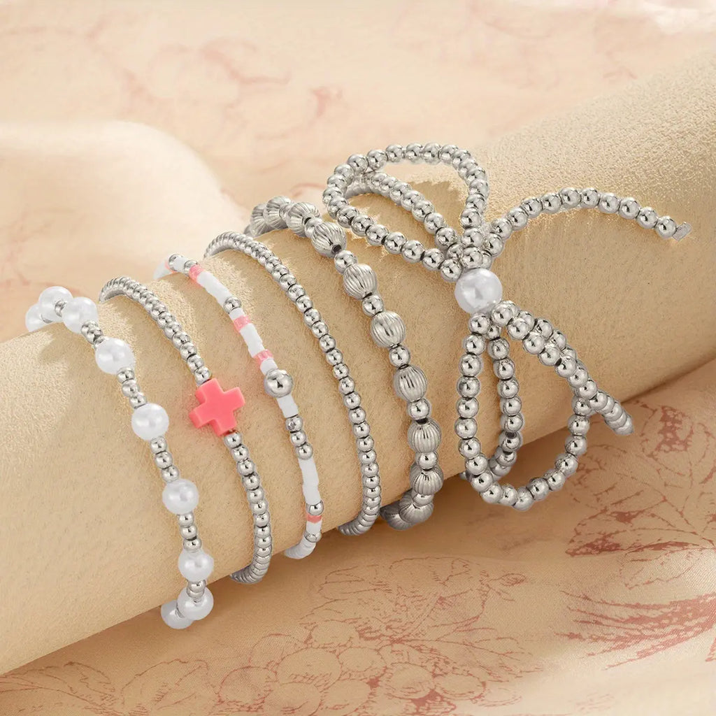 6Pcs Stylish Bohemian Resin Bow Cross Elastic Bracelets for Women - Golden-Tone Beads Accents, Casual Attire & Party Bracelets Accessories, Year-Round Fashion, Yearround Wear | Chic Appearance | Embellishments, Jewelry Gift