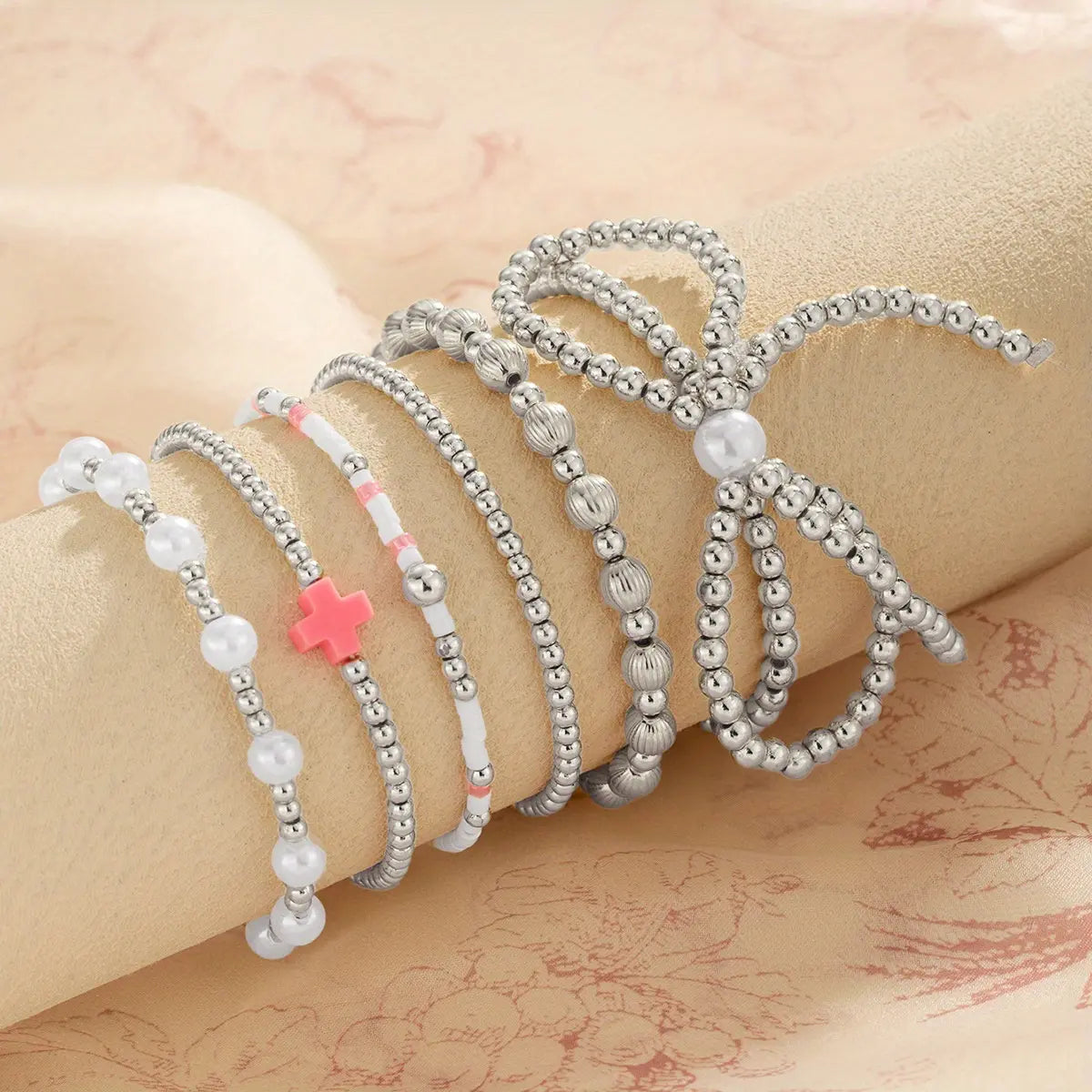 6Pcs Stylish Bohemian Resin Bow Cross Elastic Bracelets for Women - Golden-Tone Beads Accents, Casual Attire & Party Bracelets Accessories, Year-Round Fashion, Yearround Wear | Chic Appearance | Embellishments, Jewelry Gift
