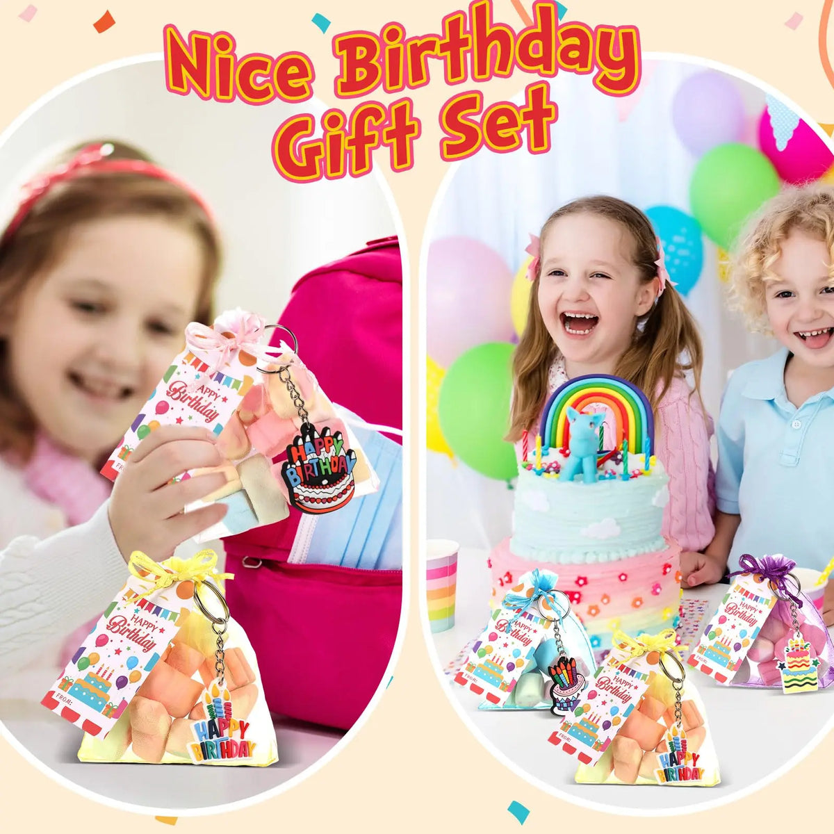 Gejoy 24 Set Packing-Free Birthday Gift Bags Sets Classroom Birthday Party Favors for Students Bulk Birthday Gifts for Whole Class Keychain Gift Set with Tags Organza Bags 4th of July Gifts Idea Classroom Reward Gifts Idea School Party Goodie Bag Stuffers