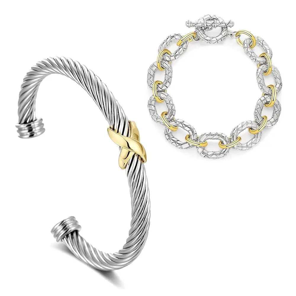 Aprilery 5PCS Stackable Twisted Cable Bracelet Set – Adjustable Two-Tone Cuff & Chain Link Design Jewelry Perfect Mother's Day Gift