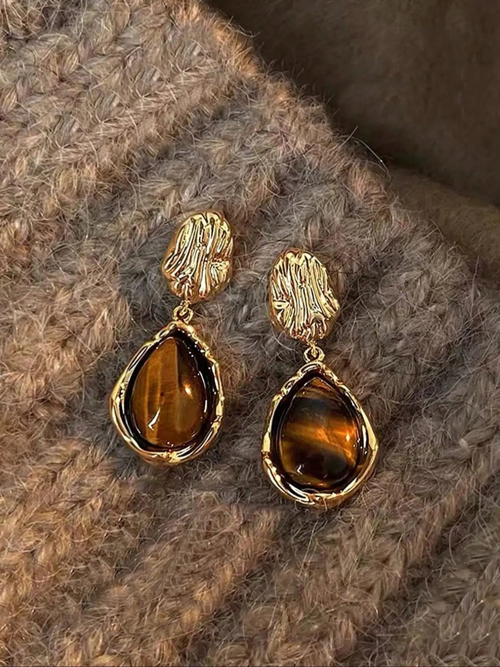 Women's Elegant Tiger Eye Stone Hoop Earrings Set, Geometric Design Synthetic Resin Enamel Style Jewelry, Trendy Jewelry for Daily Wear & Parties, Hoop Earring Sets