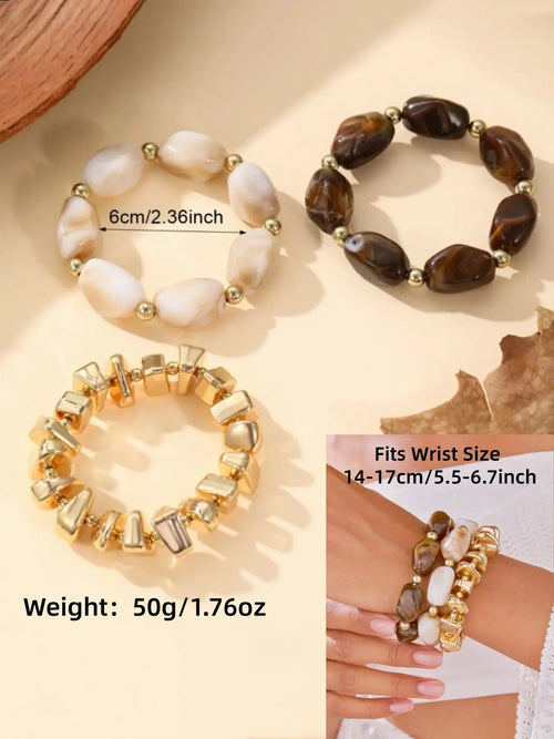 3-Piece Vintage Resin Beaded Bracelet Set, Handmade Color Block Design, Stackable Jewelry for Women, Casual Fashion Accessories, Resin Bangle Bracelet, Colorblock Bracelet, Bracelets Bangles, Beaded Bracelet Pack, Stacked Bracelets