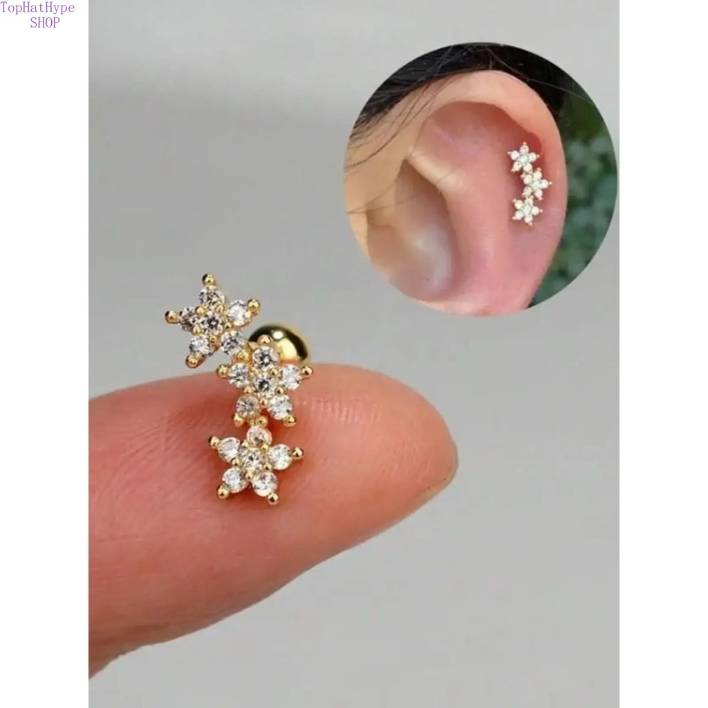 Women’s 16G Sparkling 3-Flower Cubic Zirconia Cartilage Stud Earrings, Hypoallergenic Stainless Steel, Dainty Piercing Jewelry for Daith Conch Tragus Helix, Earrings for Women for Daily Wear & Party Occasions,sohochic