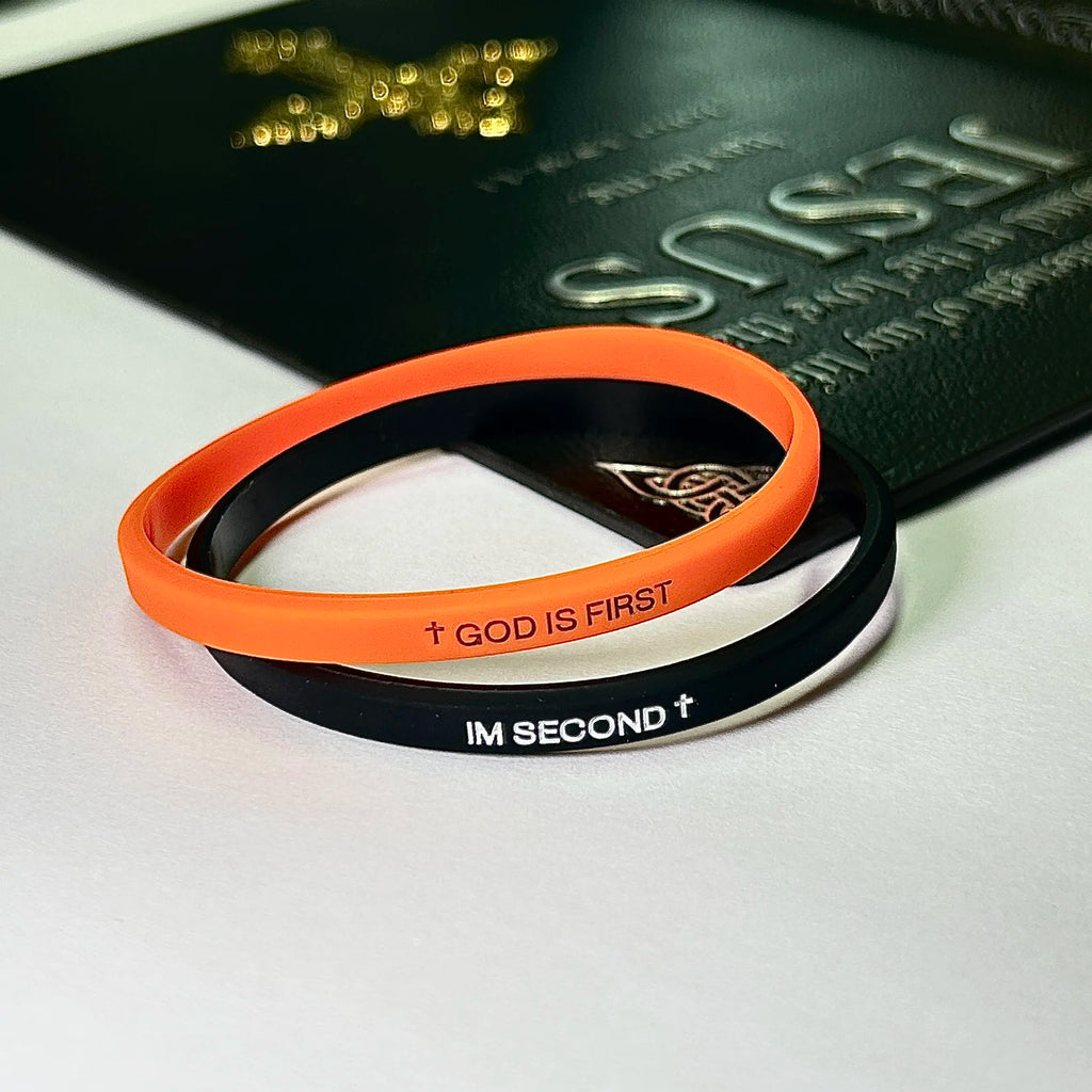 EWOPT 4 Pack Christian Silicone Bracelets - "God Is First I'm Second" Simple Engraved Logo Style, Interchangeable Black & White Bands, Mix & Match Scripture Wristbands, Faith Statement Bracelets & Bangles Gift Set for Men, Women Teens