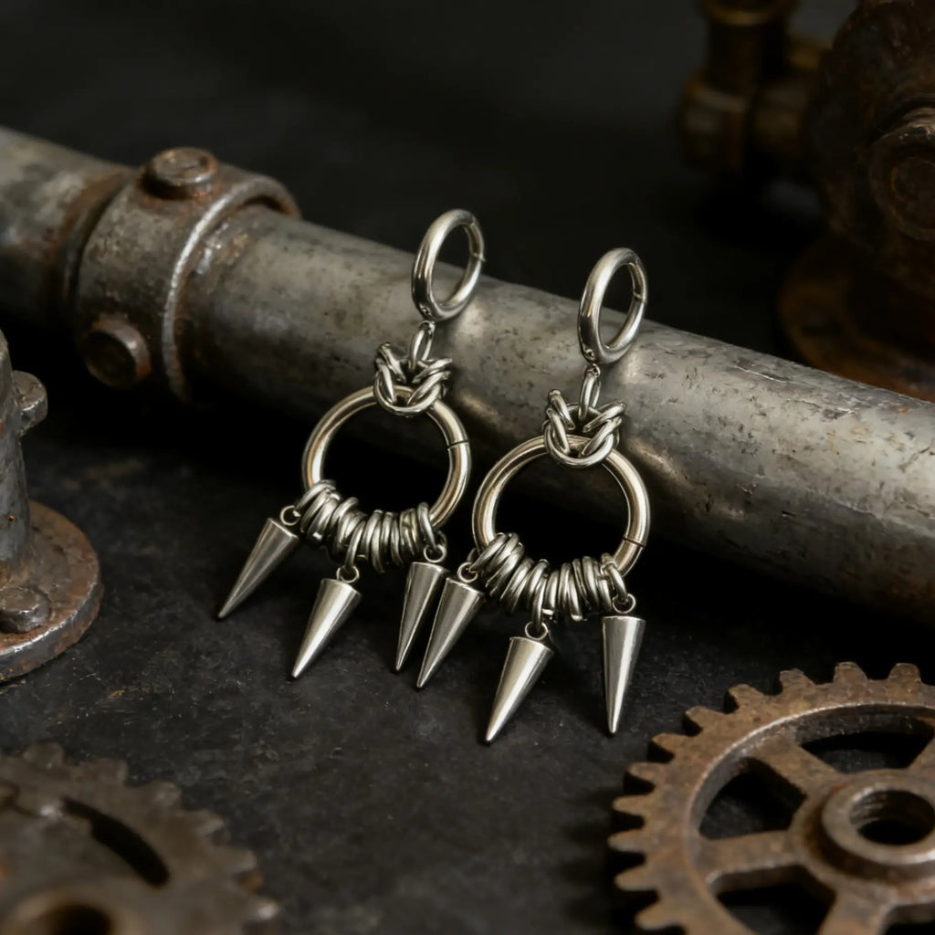 Oufer 2Pcs Linked Chain Grunge Punk Spike Dangle Hoop Earrings - Stainless Steel Chunky Jewelry, Whimsical Accessories, Classic Versatile Casual Wear Pieces, Grunge Punk Edge for Bold Outfits