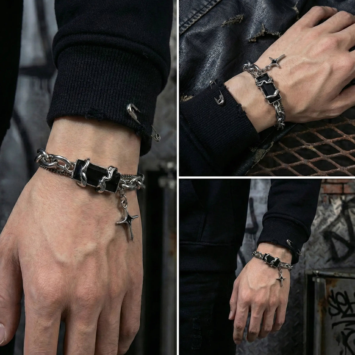 Punk Style Cross Bracelet - Silver-Tone Chain with Black Stone, Exquisite Trendy Fashionable Chain Bracelets, Men's Accessories for Adults, Vintage Aesthetic Costume Jewelry