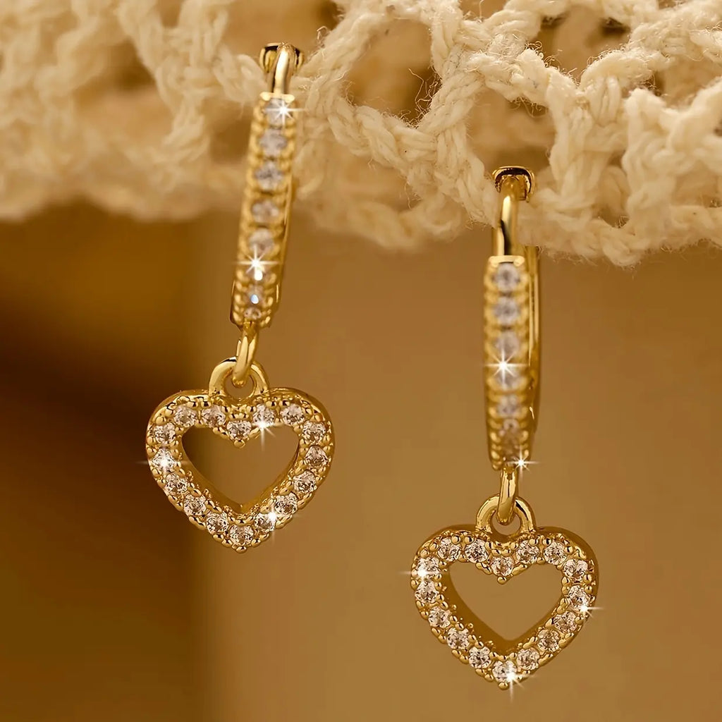1 Pair Golden Cubic Zirconia Earrings Luxurious Women Charm Heart Drop Dangle Earrings Wedding Engagement Party Jewelry Birthday Valentine'S Day Gifts