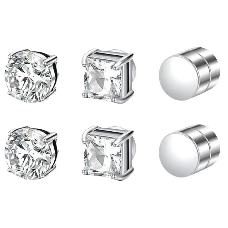 6mm Diameter Sparkling Zircon Look Magnet Studs Earrings - Stainless Steel No Ear Hole Fake Studs, Fashionable Decorative Wear Costume Jewelry Accessories (Note: Choking Hazard Magnets)