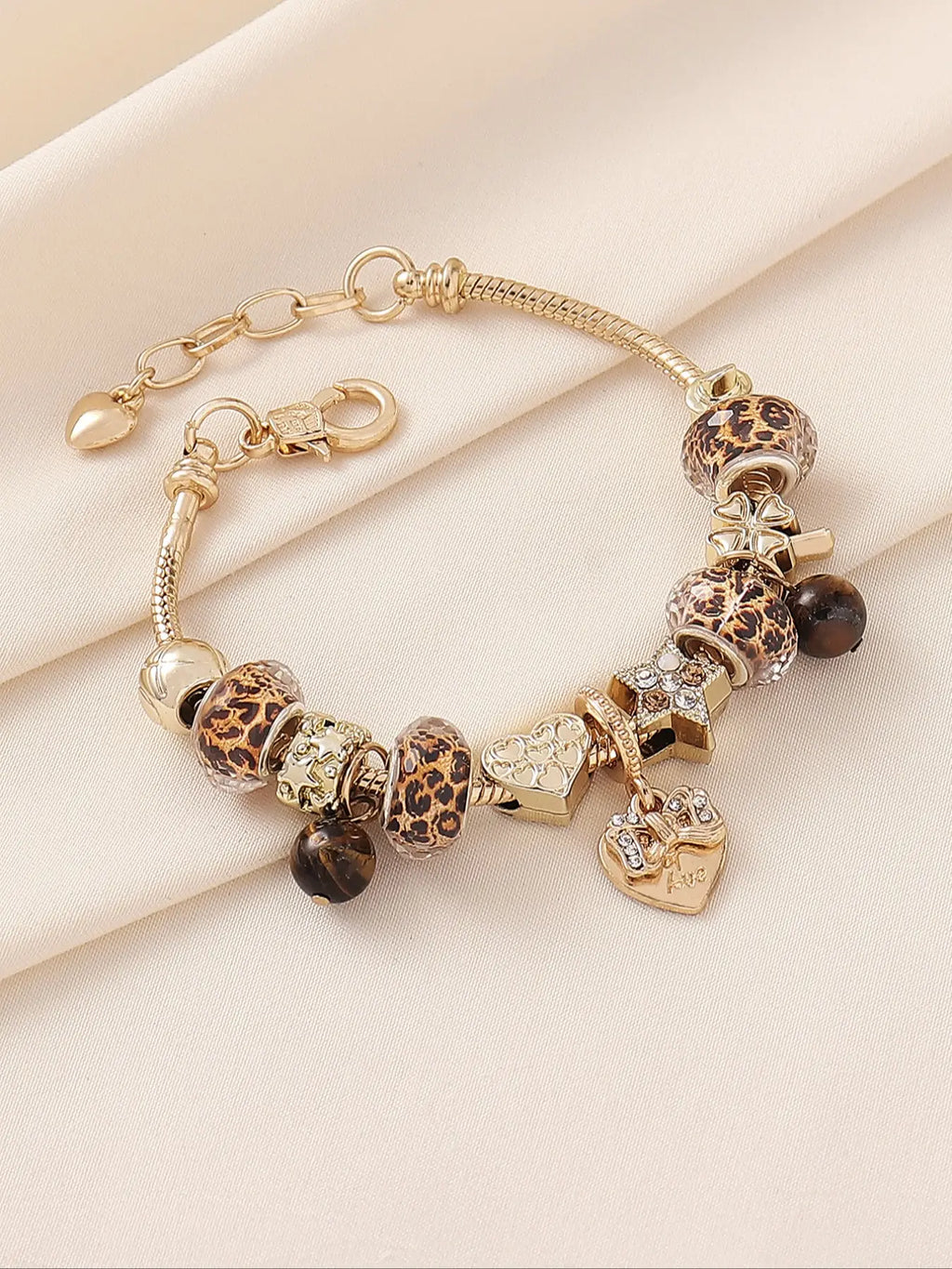 Women's Leopard Print Beaded Bracelet with Bow, Heart, Clover and Tiger Eye Stone, Trendy Fashion Jewelry, Heart Charm Bracelet, Copper Bracelets, Fashionable Bracelet, Perfect for Parties, Nights Out and Daily Wear