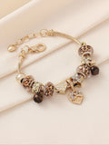 Women's Leopard Print Beaded Bracelet with Bow, Heart, Clover and Tiger Eye Stone, Trendy Fashion Jewelry, Heart Charm Bracelet, Copper Bracelets, Fashionable Bracelet, Perfect for Parties, Nights Out and Daily Wear