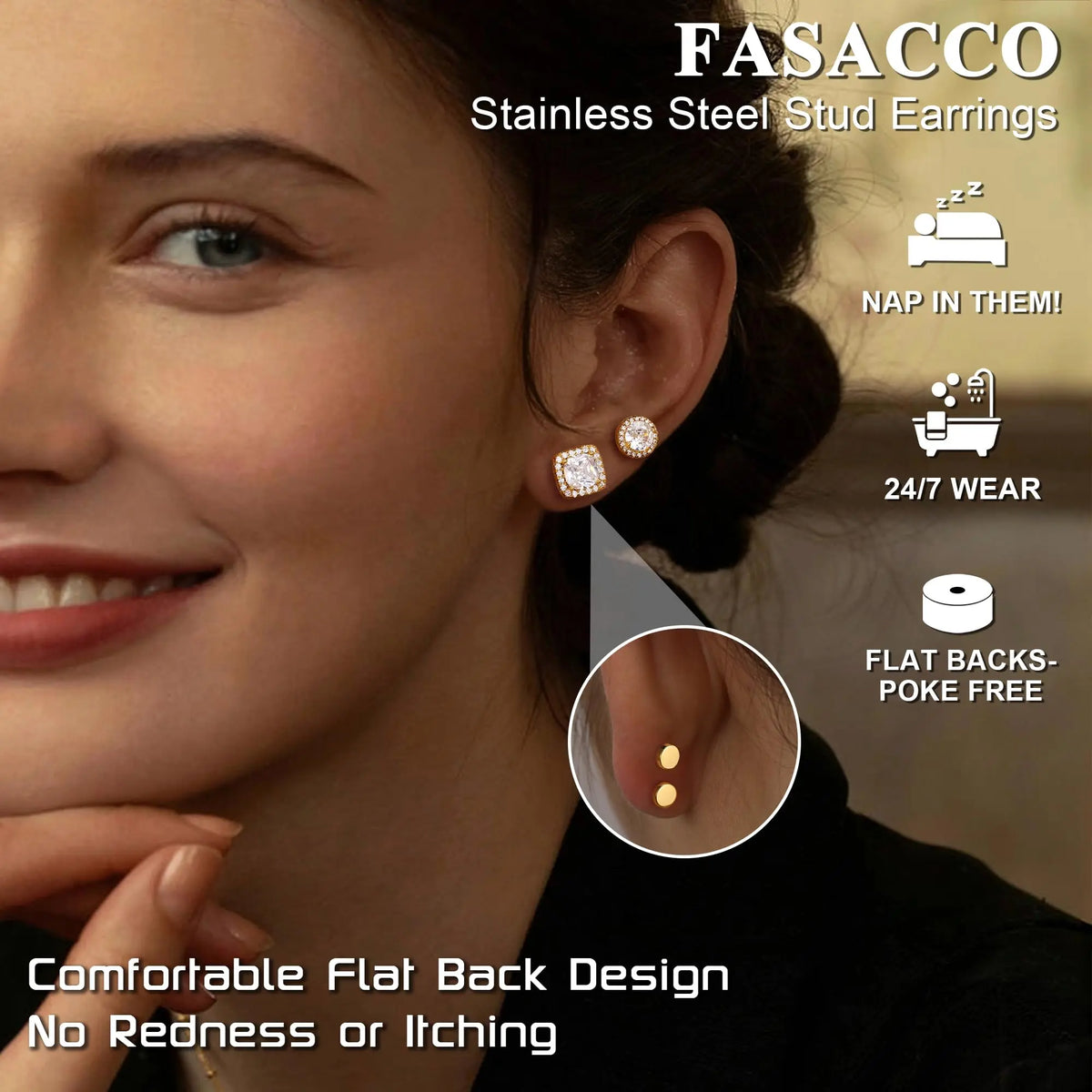 FASACCO Unisex 7mm Flat Back Cubic Zirconia Stud Earrings - Geometric Round/Square, Nickel-Free Metal, AAA+ CZ Shine, Durable Costume Jewelry, Fashion Studs, Men's Earrings for Daily Wear sohochic