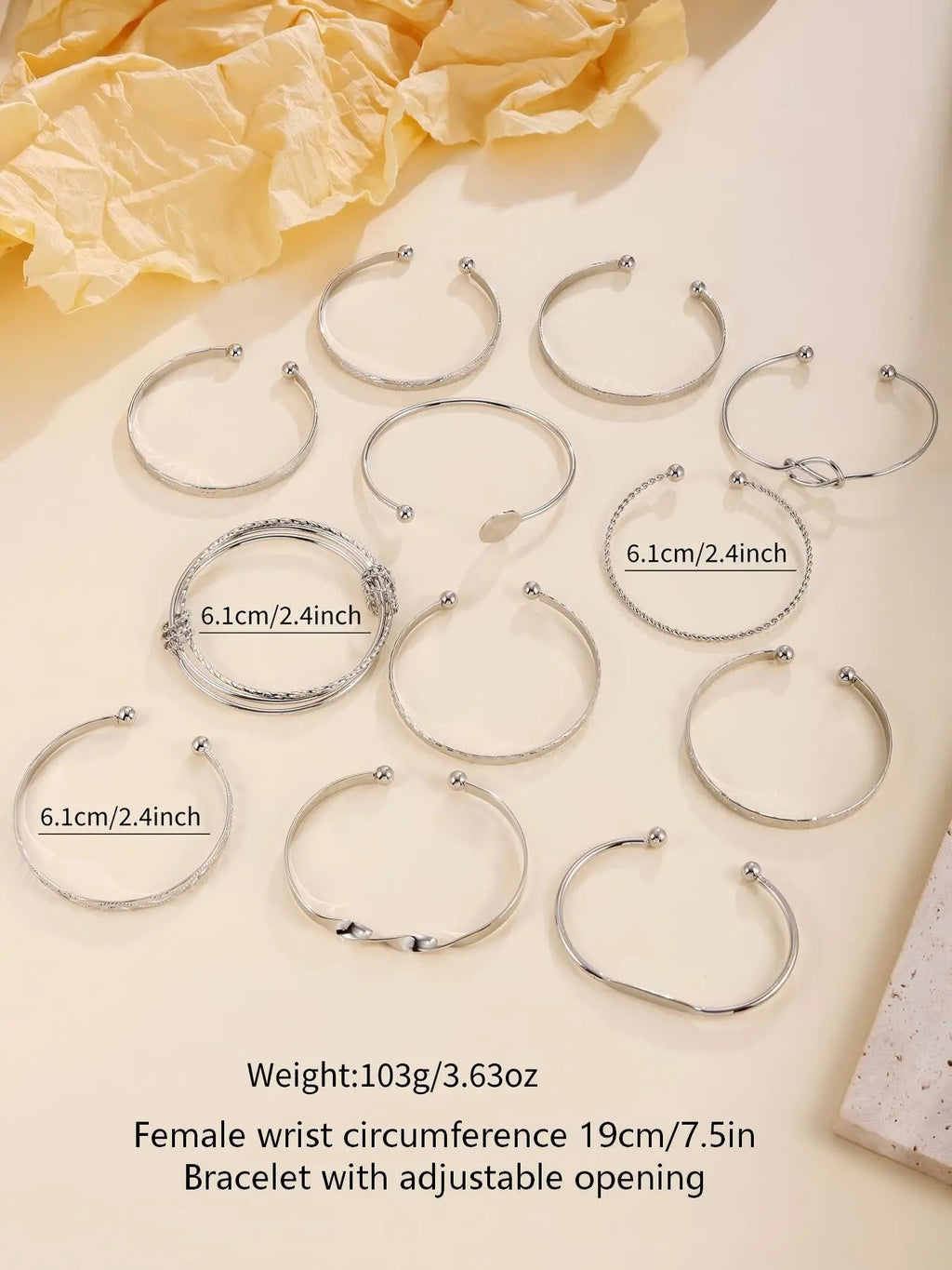 Heart Geometric Pattern Metal Stackable Bracelet Set 12 Pieces, Fashionable Bangles, Stylish Jewelry Collection, Matching Heart Bracelets, Perfect Gift for Women & Girls, Heart Cuff Bracelet