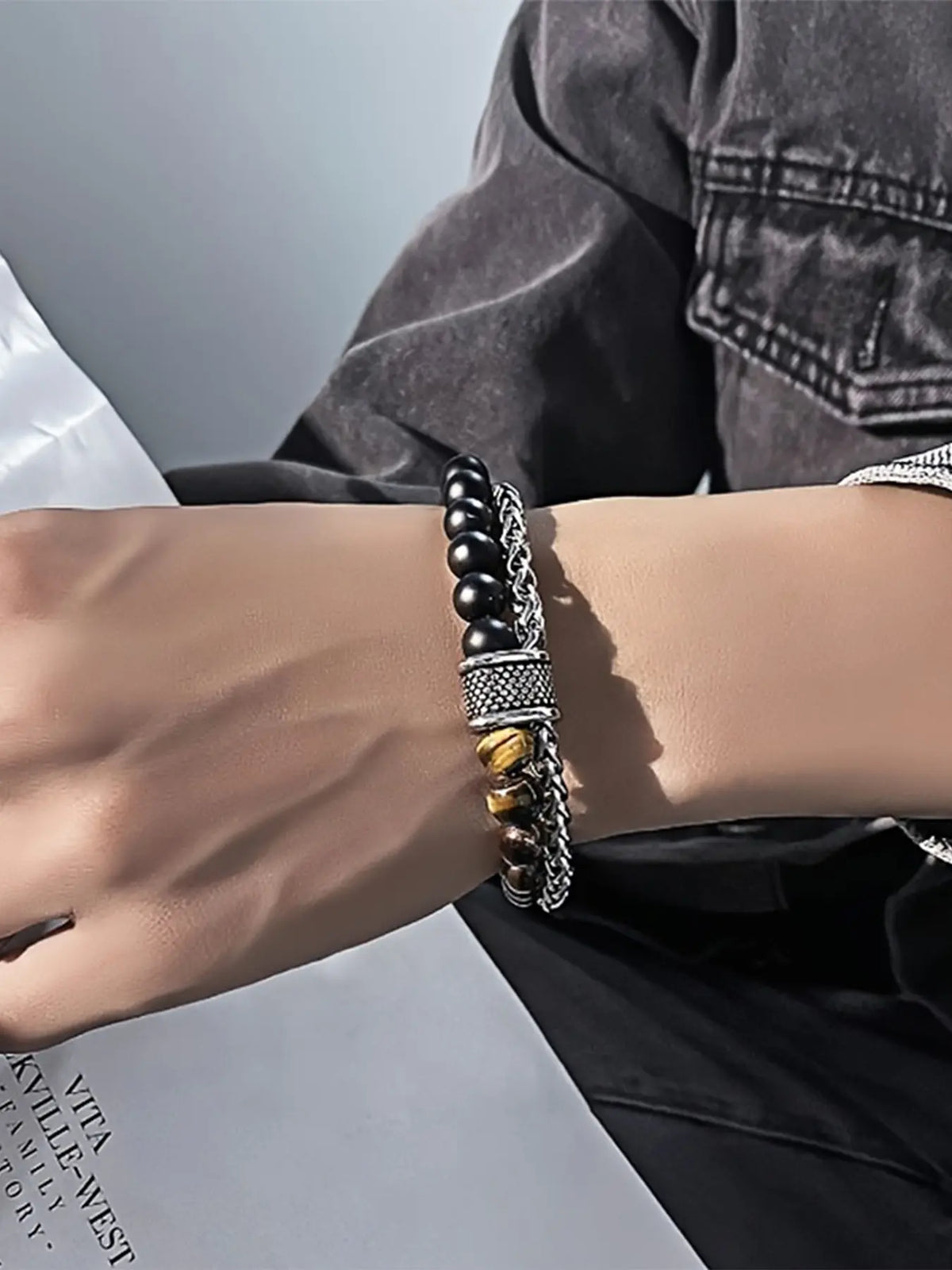 Men's Punk Style Jewelry Beaded Bracelet with Artificial Tiger Eye Stones, Casual Style Leather Ot Clasp, Perfect for Daily Wear & Gifts, Exquisite Bracelet, Jewelry Bracelets