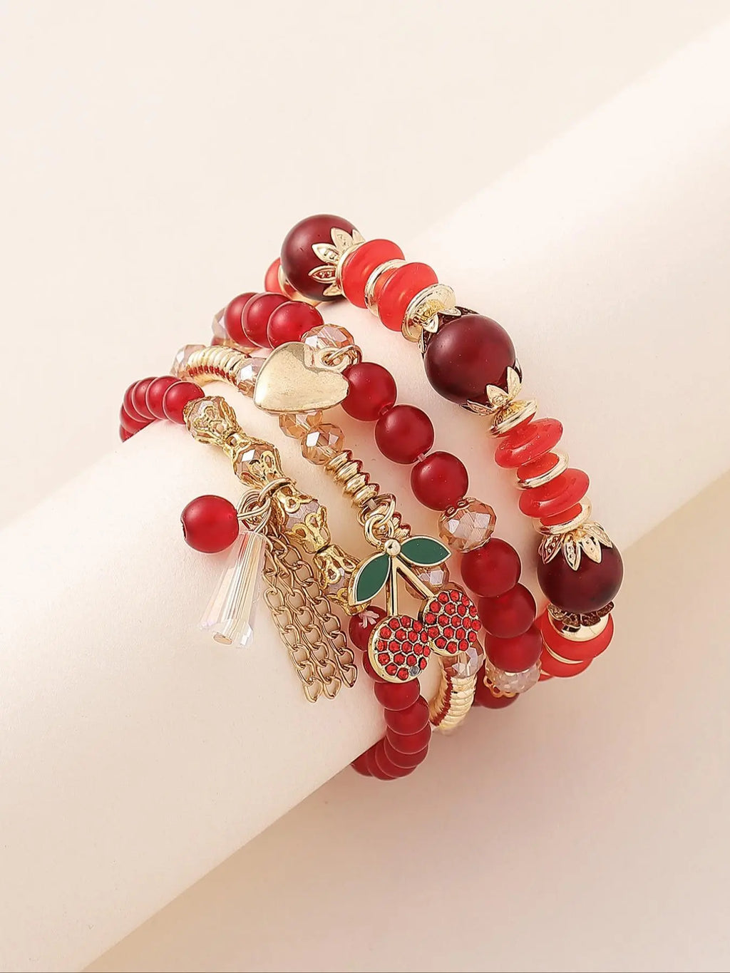 Cute Cherry & Leaf Design Beaded Heart Charm Bracelet, Boho Style Jewelry for Women & Girls, Trendy All-match & Exquisite Jewelry for Birthday Gift, Xoxo Style Bracelet, Beaded Bracelets