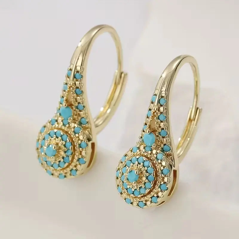 Women's KC Gold Plated Synthetic Turquoise Teardrop Dangle Earrings - Teardrop Design, Metal Coating, KC Gold Shine, Dangle Movement, Intricate Detailing, Sophisticated Female Jewelry for Everyday & Formal Events, Valentine's Gift, Valentine Gift,sohochic