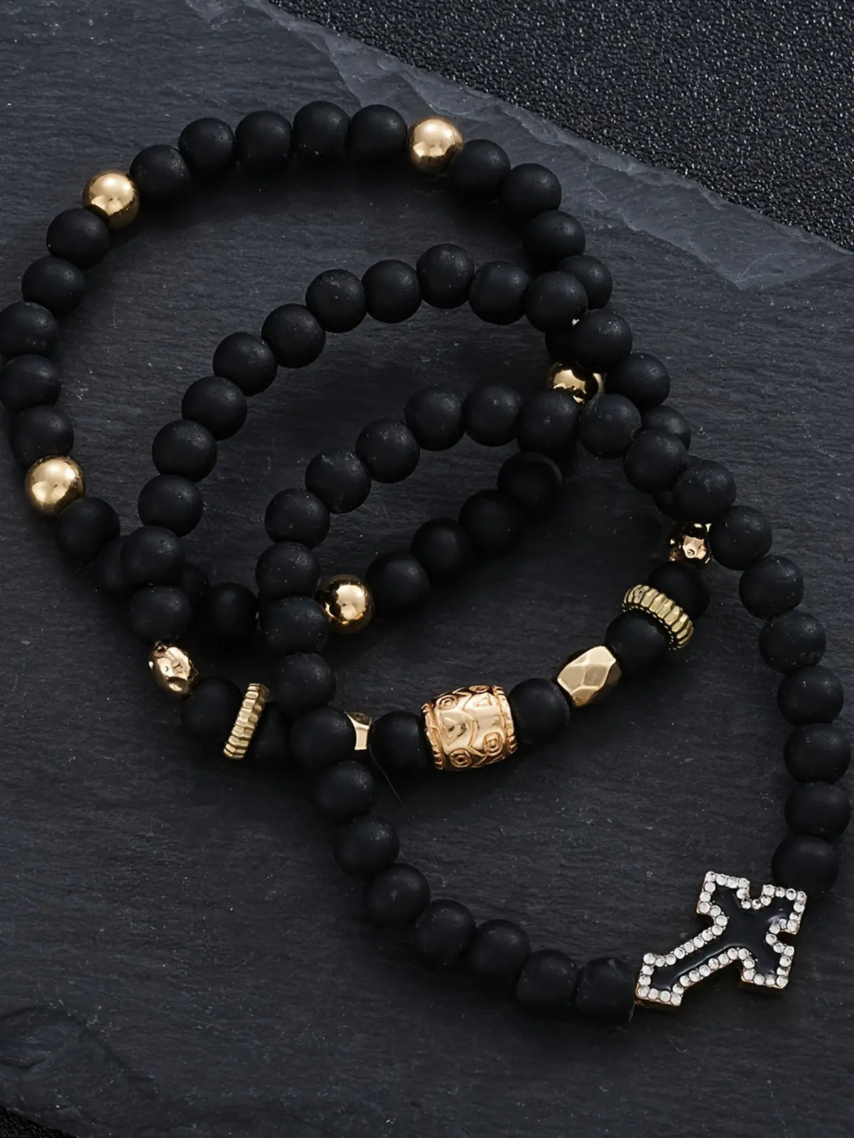 Men's Casual Fashion Stackable Beaded Bracelet Combination Set with Cross Beads and Diamond Style, Iron Chain and Zinc Alloy Hand Chain for Daily Wear, Great Gift for Boyfriend or Father