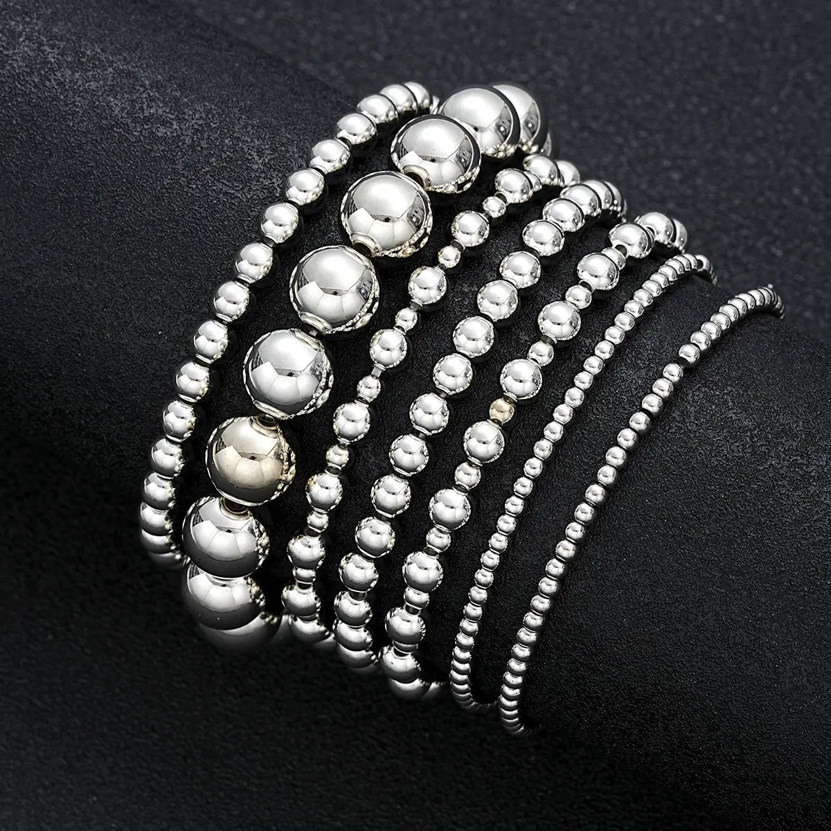 7Pcs Elegant Beaded Bracelet Set for Women Stackable CCB Silvery Beads Elastic Bangle Multi-layer Bohemian Mixed Sizes Vintage Round Bead Bracelet Set