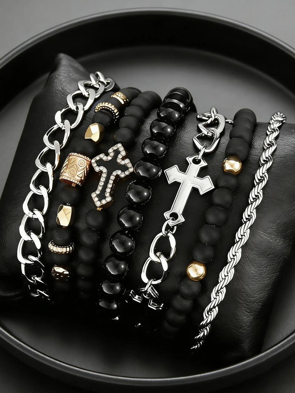 Men's Casual Fashion Stackable Beaded Bracelet Combination Set with Cross Beads and Diamond Style, Iron Chain and Zinc Alloy Hand Chain for Daily Wear, Great Gift for Boyfriend or Father