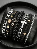 Men's Casual Fashion Stackable Beaded Bracelet Combination Set with Cross Beads and Diamond Style, Iron Chain and Zinc Alloy Hand Chain for Daily Wear, Great Gift for Boyfriend or Father