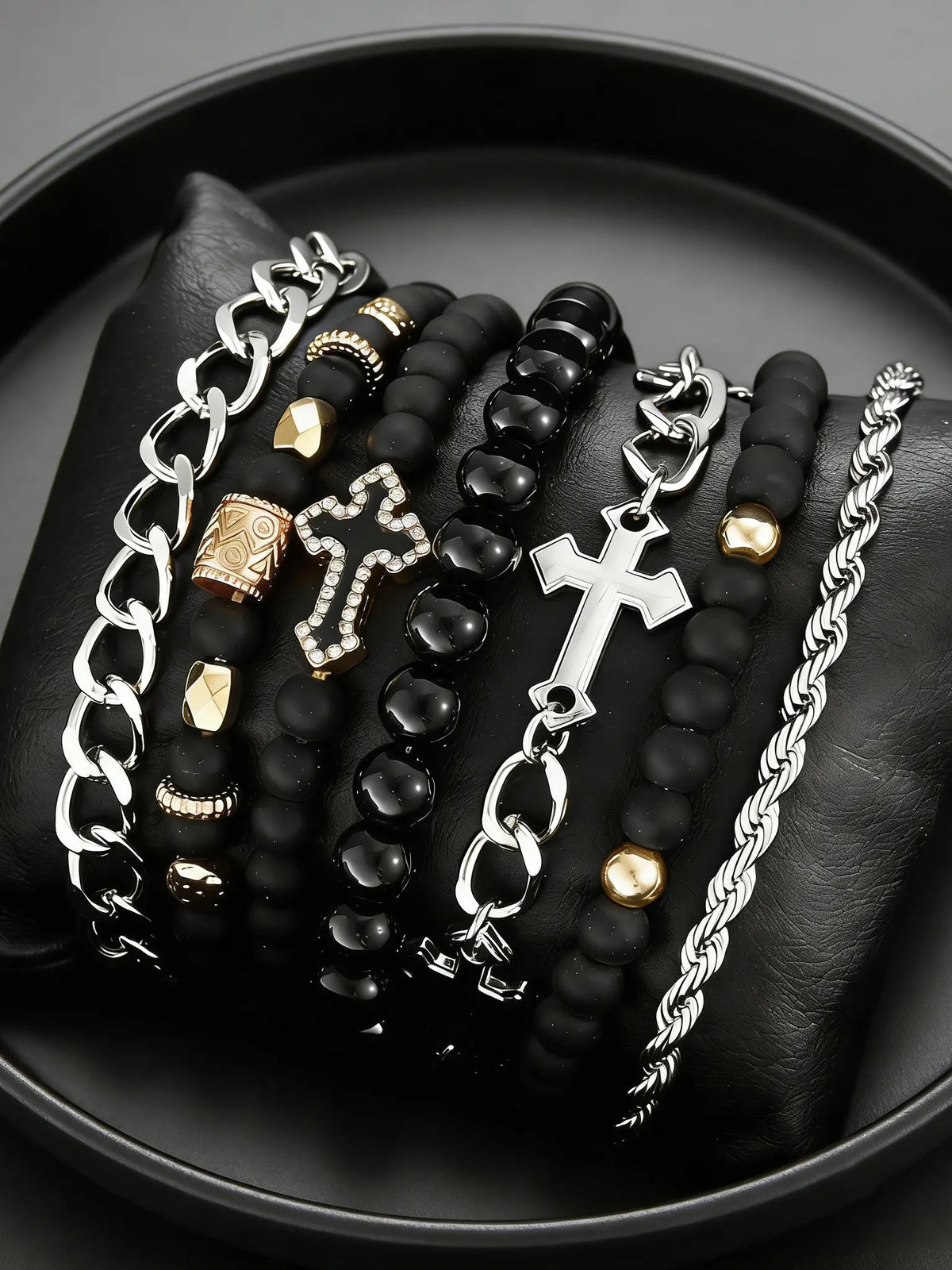 Men's Casual Fashion Stackable Beaded Bracelet Combination Set with Cross Beads and Diamond Style, Iron Chain and Zinc Alloy Hand Chain for Daily Wear, Great Gift for Boyfriend or Father