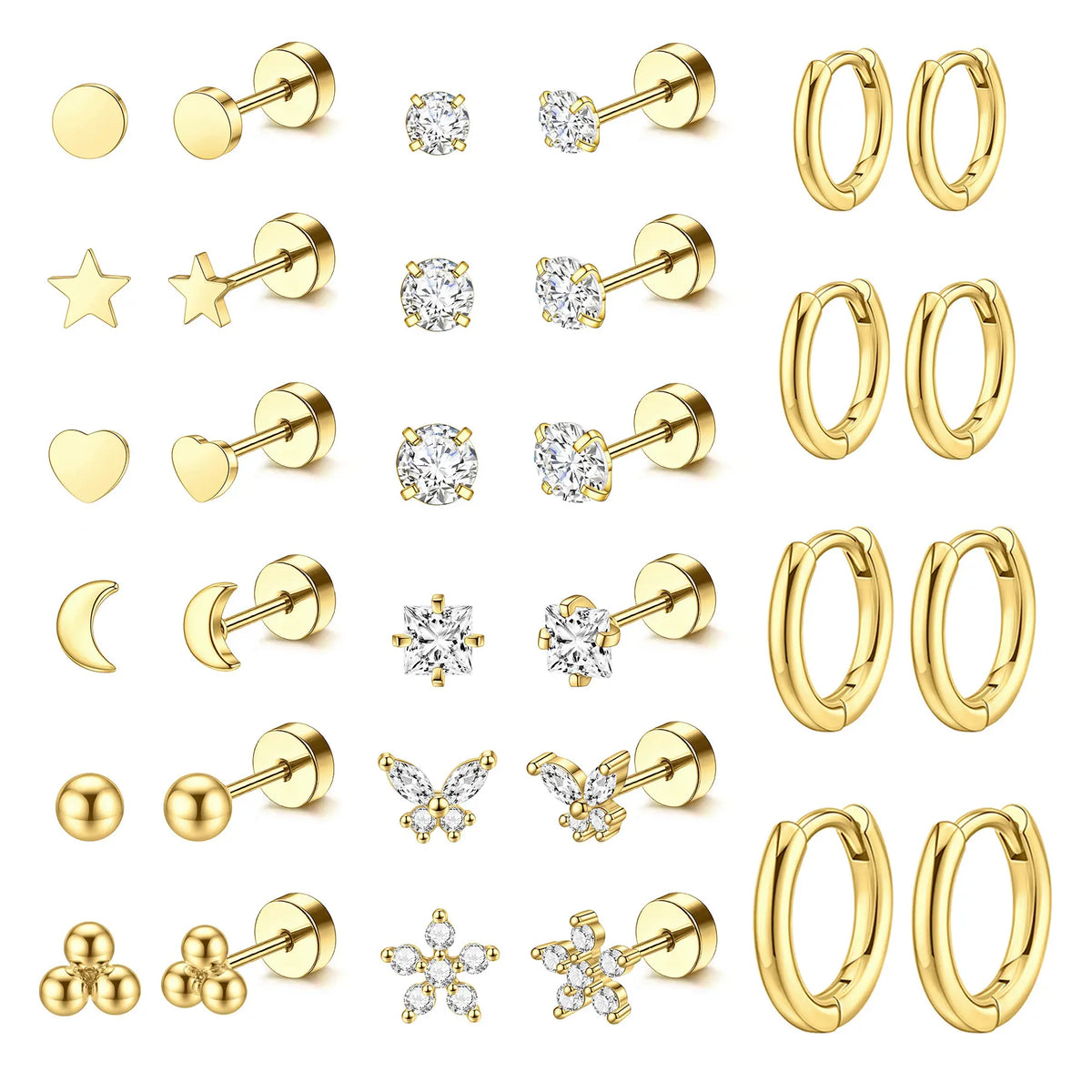 MILAKA 20G Hypoallergenic Surgical Steel Flat Back Post Earrings - Gold Dipped Hoop Studs with Pearls, CZ, Turquoise To Match, for Women's Cartilage Helix/Multiple Piercings, Subtle Glam for Daily Wear, Comfortable Jewelry Set, Studs, Pearls, Cz, Turquois