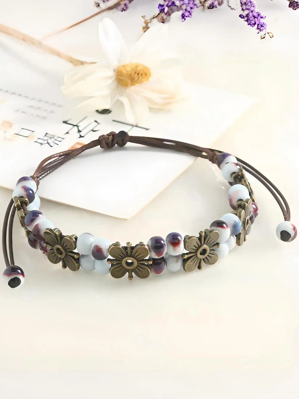 1Pc Boho Vintage Adjustable Wax Rope Bracelet, Colorful Ceramic Beads Antique Metal Flower Charms Handmade Wrist Jewelry Gift For Women Daily Matching Fashion Creative Jewelry