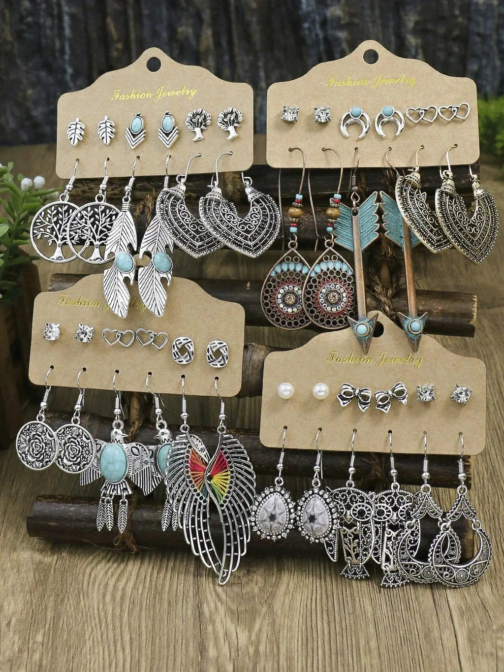 Women's Boho Turquoise-Textured Dangle and Stud Earrings Set, Retro Mixed-Design Vintage Jewelry for Parties and Daily Wear