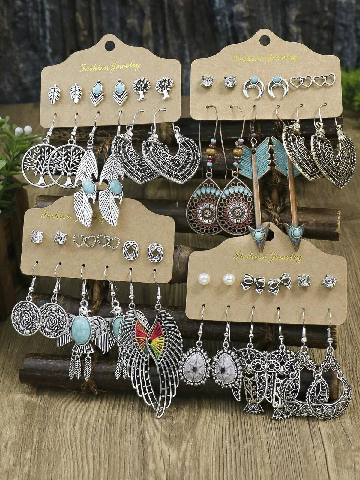 Women's Boho Turquoise-Textured Dangle and Stud Earrings Set, Retro Mixed-Design Vintage Jewelry for Parties and Daily Wear