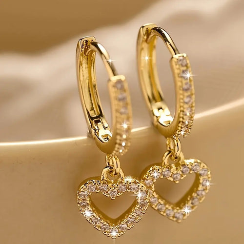 1 Pair Golden Cubic Zirconia Earrings Luxurious Women Charm Heart Drop Dangle Earrings Wedding Engagement Party Jewelry Birthday Valentine'S Day Gifts